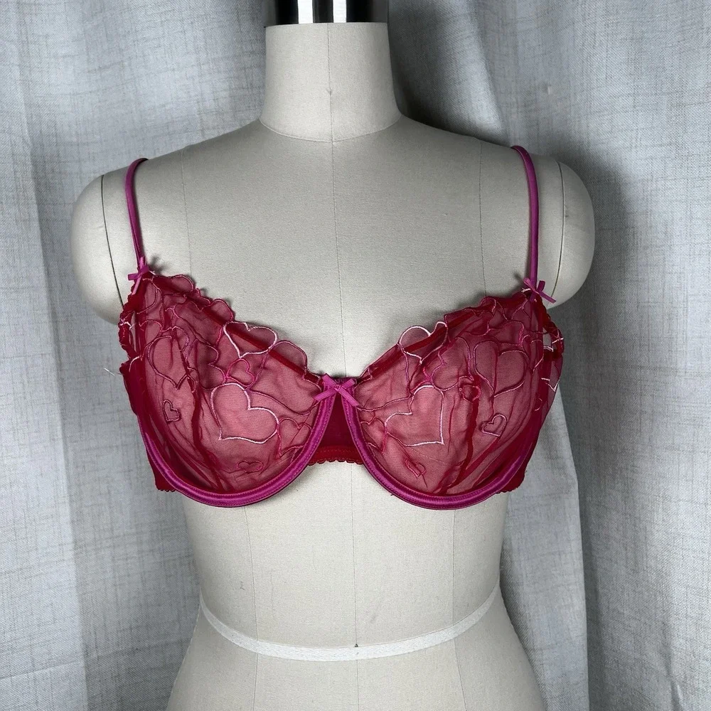 NEW! Skims 42C Embroidered Tulle Unlined Demi Bra Limited Edition Pink Valentine - Picture 1 of 10